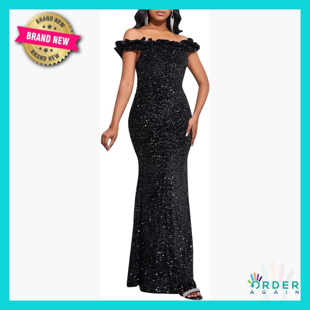 Sequin Mermaid Maxi Dress Elegant Off Shoulder Formal Evening Party Wear